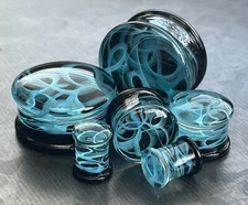 PAIR of Blue Swirling Smoke Style Pyrex Glass Double Flare Plugs Body Jewelry
