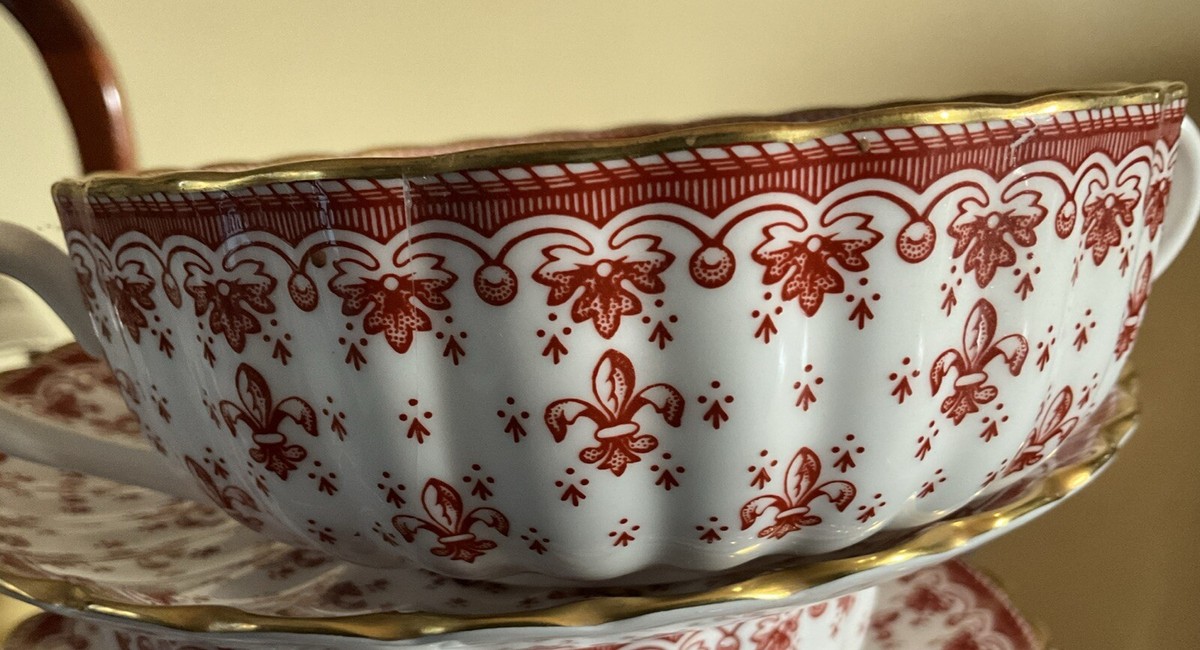 Spode Fleur de Lys Red 3 Sets Cream Soup Bowl Cup Saucer Gold Trim