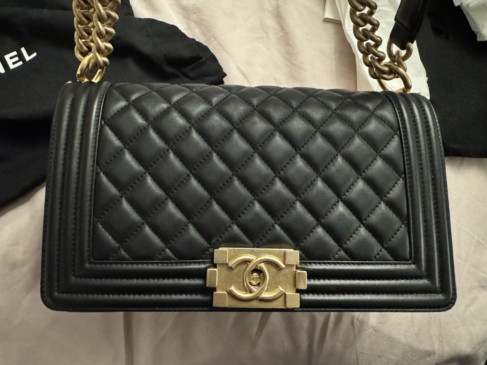 Chanel boy bag Black Lamb Skin And Gold Hardware 25cm
