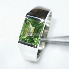 Peridot Emerald Cut Gemstone With 925 Sterling Silver Ring For Men's #87 *