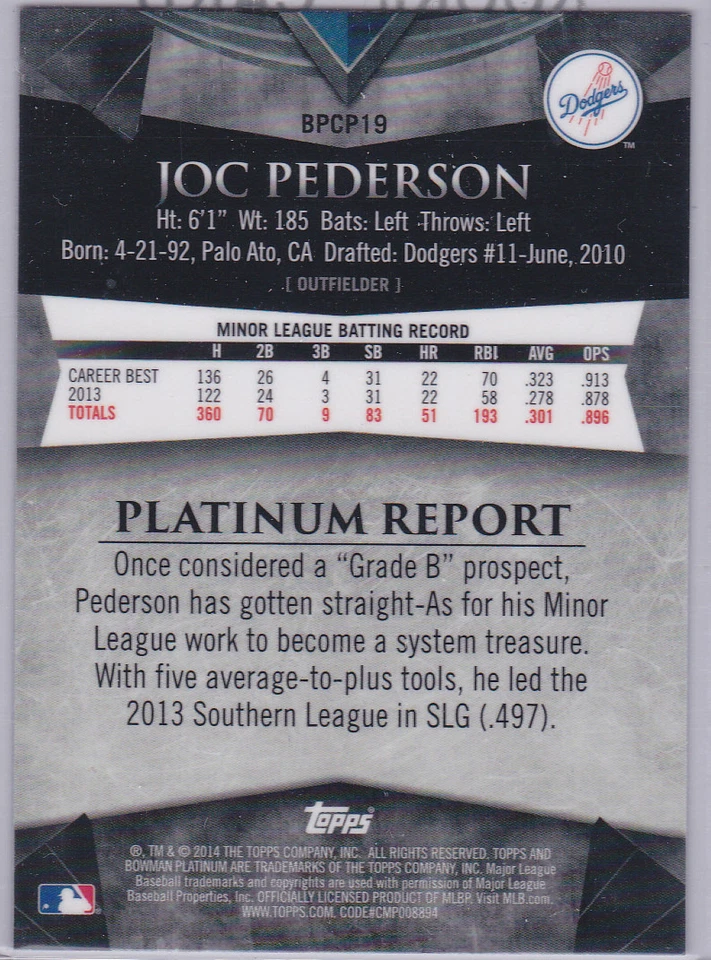 JOC PEDERSON Bowman Platinum RARE PURPLE REFRACTOR ROOKIE CARD Dodgers 2014 RC! - Image 2 of 2