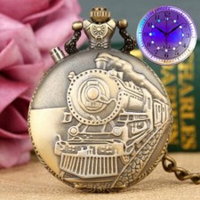 LED Flash Luminous Retro Quartz Pocket Watch Carved Steam Train Women Men Kids