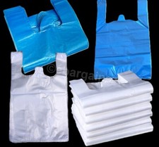 CARRIER BAGS VEST STYLE WHITE & BLUE SHOPPING TAKEAWAY STALLS ALL SIZES