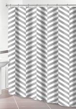 Textured Herringbone Gray White Fabric Shower Curtain w/ Hooks Chevron Striped