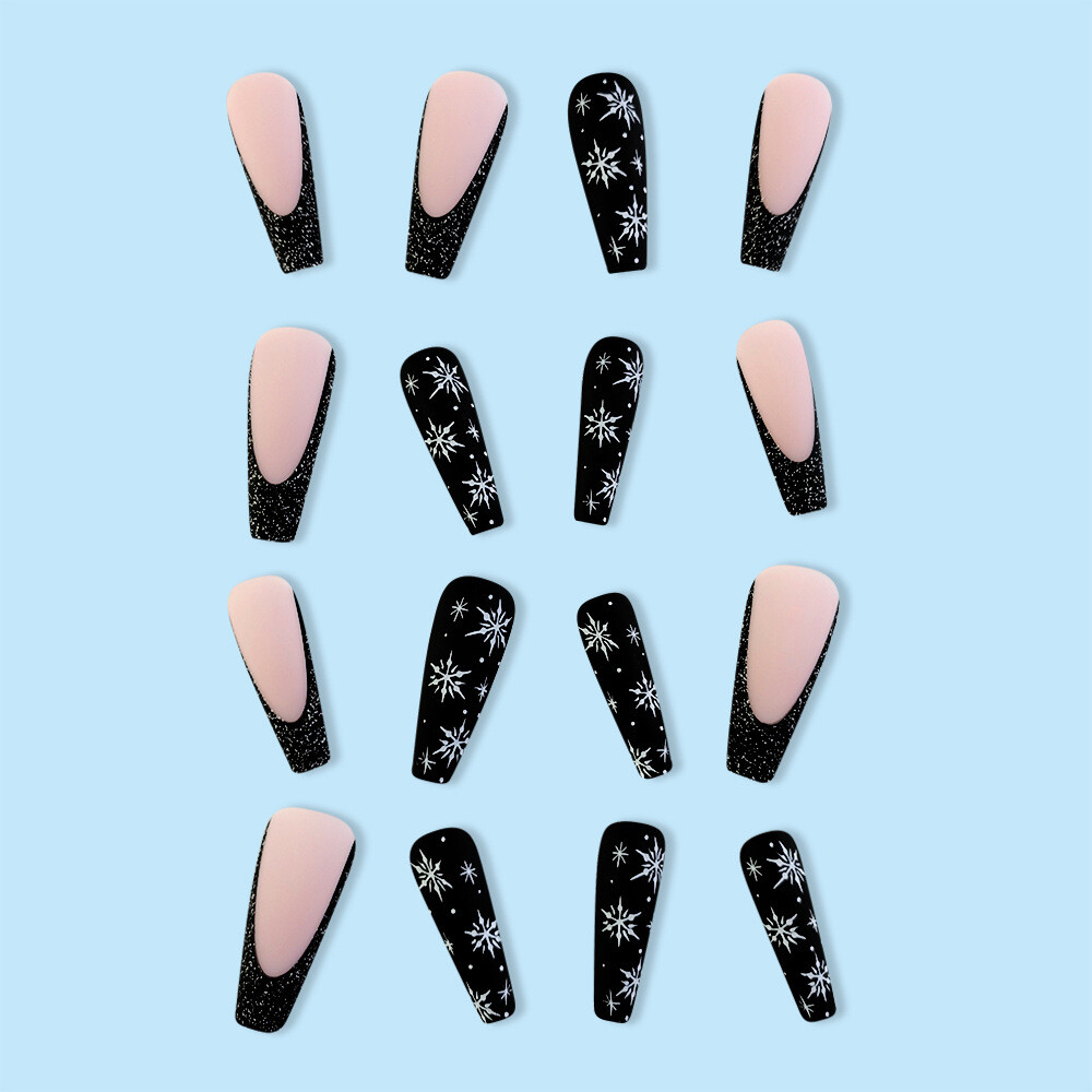 24pcs Black French Snowflakes Fake Nail Long Coffin Press on Nails for