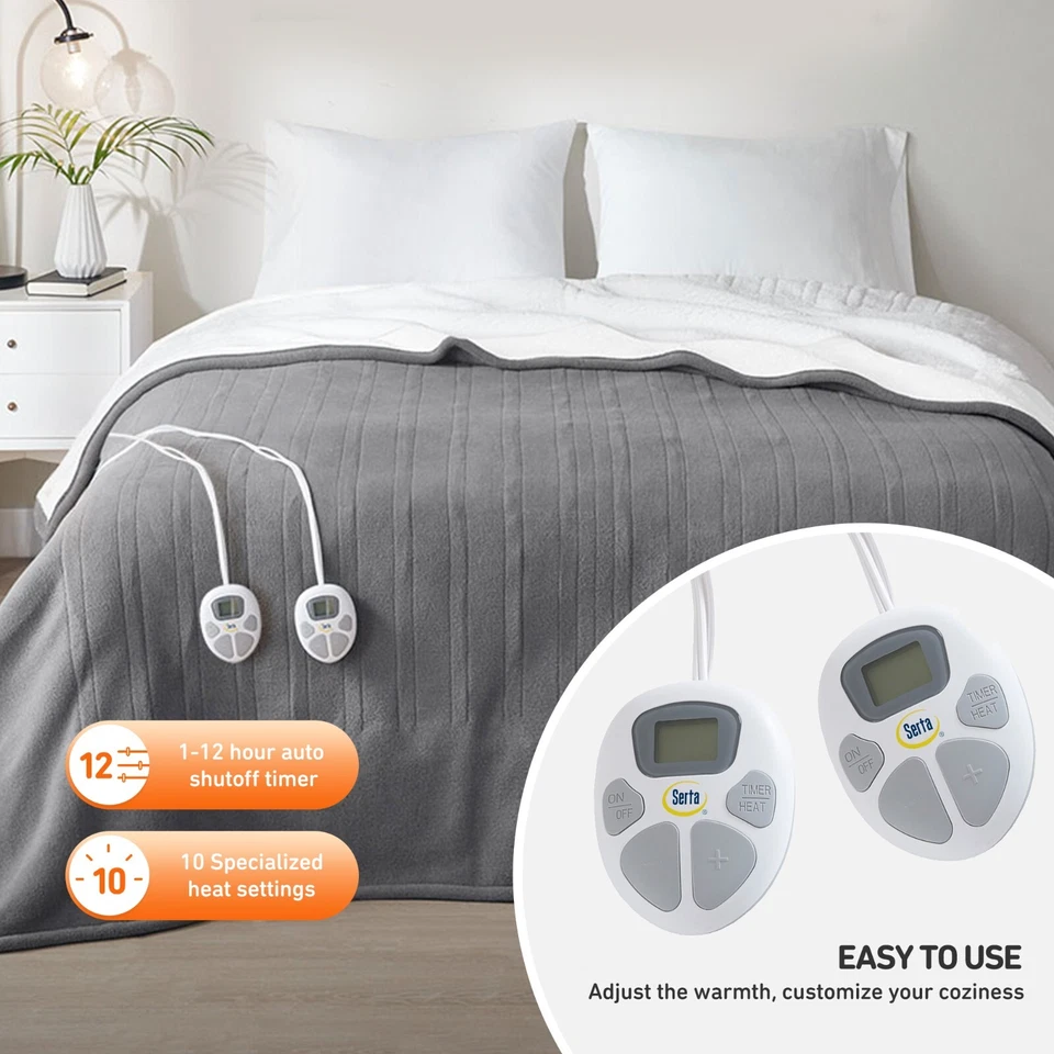 Serta Electric Blanket Fleece to Sherpa Heated Throw Blanket in Queen Twin King - Image 3 of 4