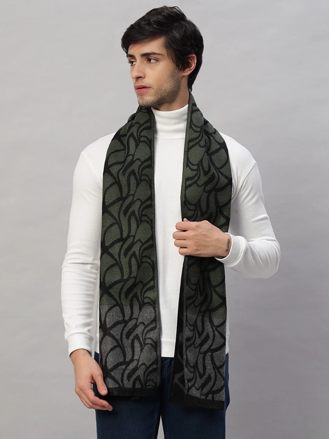 Men's 100% Cashmere Scarf Wrap Abstract Olive / Green / Black Made in India Soft