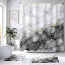 4Pcs Grey White Marble Bathroom Sets with Shower Curtain and Rugs 72x 72 in