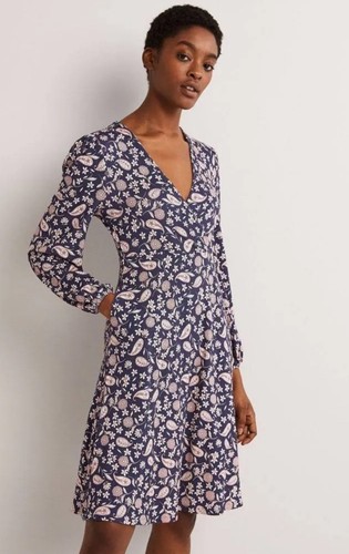 Boden Navy Blue Floral Easy Fixed Wrap Jersey Dress - BNWT - Size 12 L