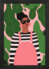 Stylish Woman in Pink Overalls Illu Framed Wall Art Poster Canvas Print Picture