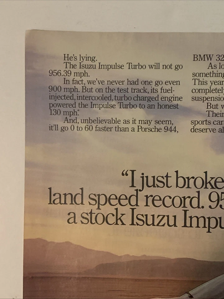 1988 Isuzu Impulse Turbo PRINT AD Joe Isuzu Driving VTG 1980s Land Speed Record - Image 3 of 4