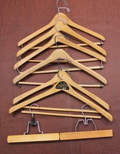6 Wooden Coat Suit Hangers with Pants Bar 2 Pants Hangers Wishbone Vintage I65