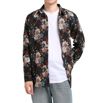 Men's floral shirts linen colorful shirt long sleeve shirt pattern paisley casual she...