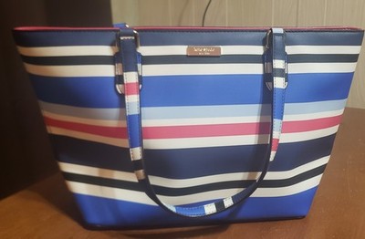 KATE SPADE Laurel Way Dally Bag Striped Tote White Blue Zipper Double Handle