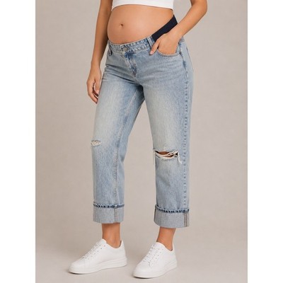 Isabel Maternity Cropped Vintage Straight Jeans Distressed Boho Blue Cotton 6