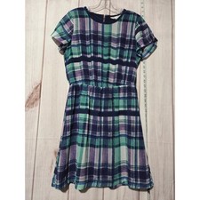Ladies Small Plaid Dress Short Sleeve Chiffon Casual  Blue Green Purple A-Line
