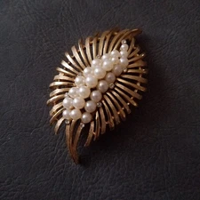 Trifari Faux Pearl and Rhinestone Figural Leaf Brooch