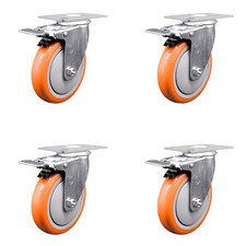 5 Inch Orange Polyurethane Swivel Top Plate Caster Set with Total Lock Brake SCC