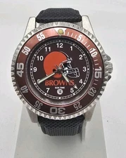 1997 NFL Sun Time Cleveland Browns Quartz Watch Black Leather Band New Battery