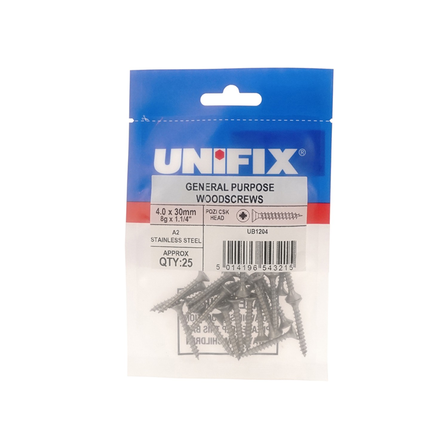 Unifix A2-304 St/St Chippy Woodscrews 4.0 x 50mm - Bag of 25 - Box of 125