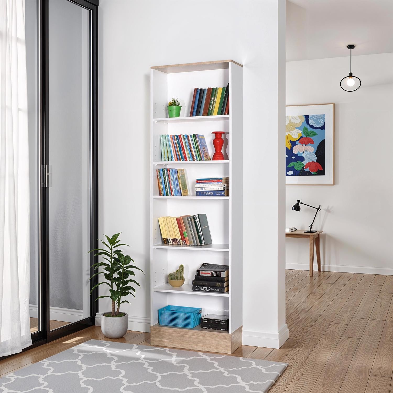White & Oak 6-Tier Bookcase Shelving Unit