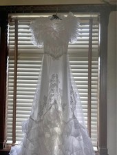 White Lace Ruffled A-Line Portrait Neck Short Sleeve Princess Wedding Dress