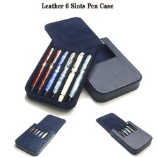 Leather 6 Slots Hard Fountain Pen Case Stationery Storage Box Organizer Blue