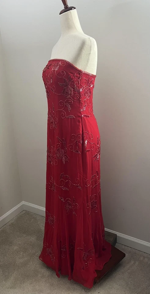 Vintage Y2K 90s Dress XL Red Silk Strapless Beaded Sequin Floral Silk Fairycore - Image 2 of 4