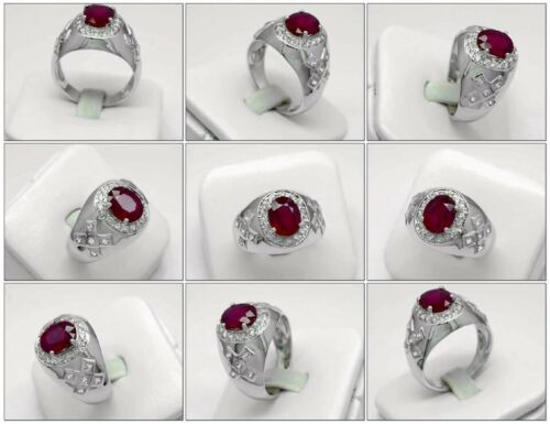 10x8mm Natural Rich Red Ruby Man Ring With White Topaz in 925 Sterling Silver - Picture 2 of 2