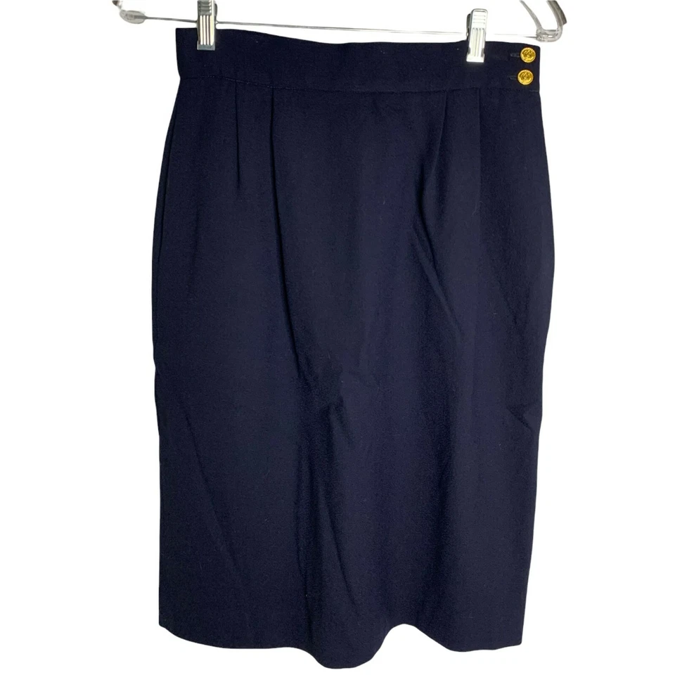 Falda lápiz de lana vintage años 80 S azul marino forrada bolsillos plisados botones delanteros
