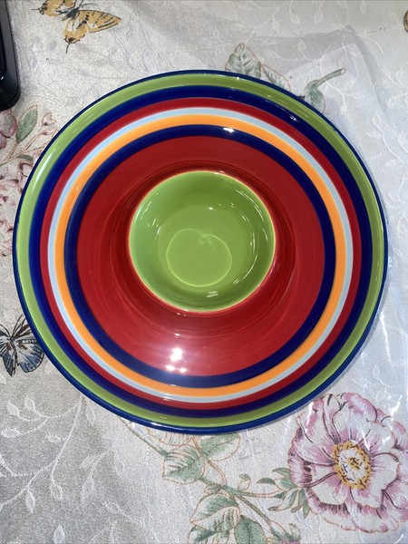 Snack Veggie Chip & Dip Bowl Naranja Blanco Rojo Verde Azul Rayas