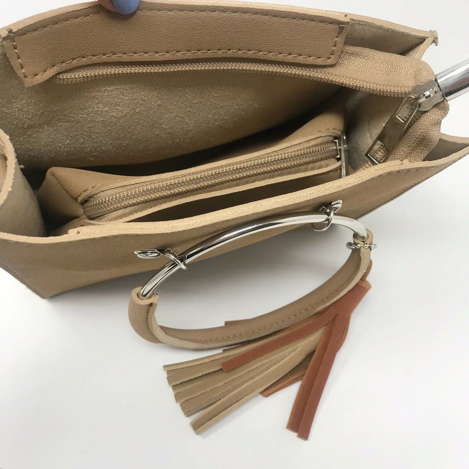 Boutique Mini Bucket Ring Handle Bag Tan Brown Fringe Tassel Boho Vegan