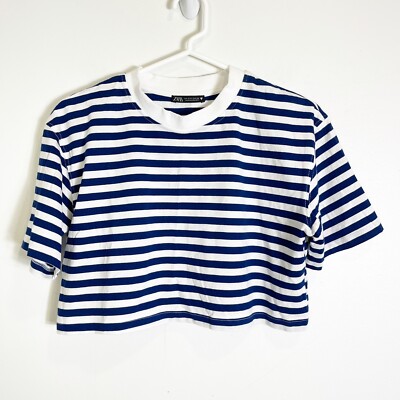 Zara Blue White Striped Cropped T-shirt Women's Small | eBay