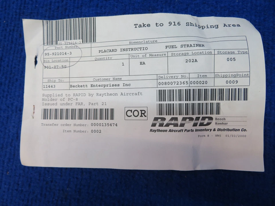 Cartel colador de combustible de haya P/N 95-921014-3 NOS con 8130 (0622-443) Foto 4 de 4