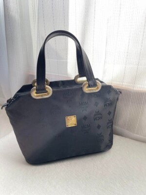 MCM Visetos Handbag Tote Bag Black Monogram Pattern Logo Gold