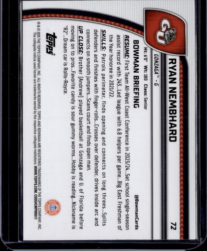 2024-25 Bowman U Chrome Ryan Nembhard Stealth Refractor #72 - Picture 2 of 2