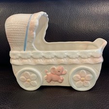 Vintage ceramic baby carriage/crib planter - baby girl nursery Decor. preowned.