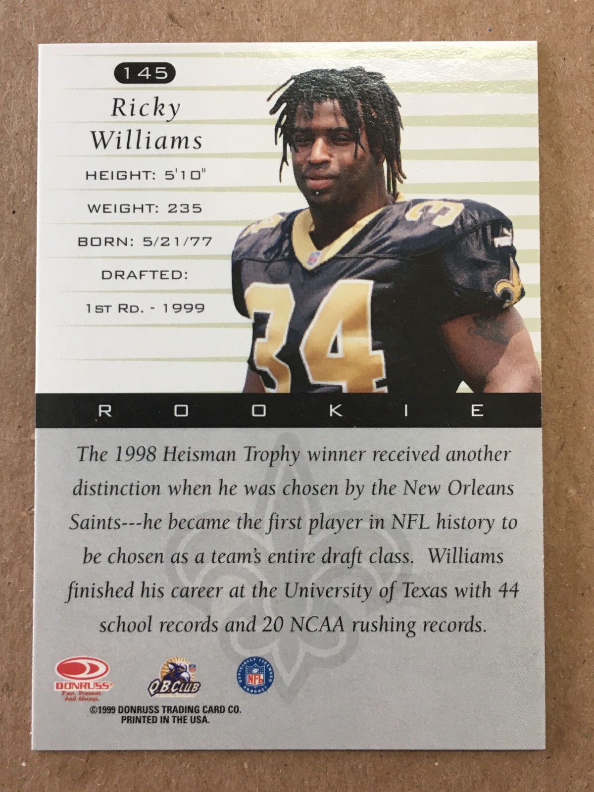 Ricky Williams Rookie Card 1999 Donruss #145 - Ricky Williams - New Orleans Saints - Rookie Card ...