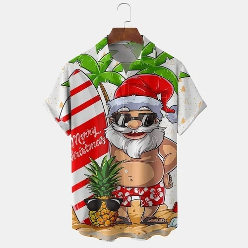 Men's Hawaiian Casual Button-Down Shirt with Santa Print