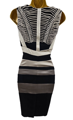 UK 10 KAREN MILLEN Black Taupe Chain Back Cocktail Party Pencil Dress - Picture 2 of 7