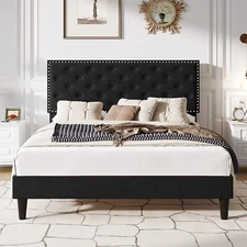 Velvet Full Bed Frame with Adjustable Diamond Button Tufted Headboard, Black