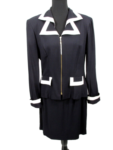 NWT DAWN JOY 2pc Full Zip Blazer & Midi Skirt Suit Size 9/10 Black White VINTAGE