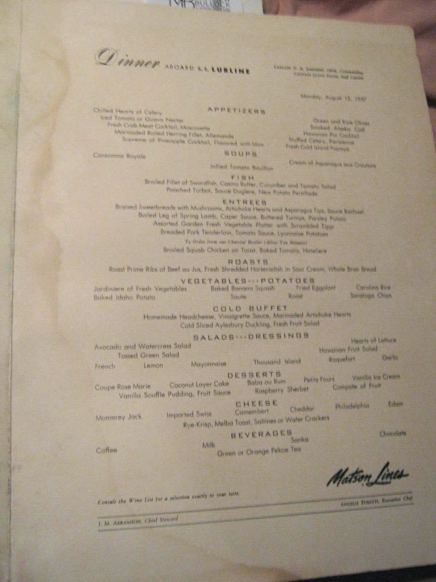 1957 Matson Lines S S Lurline Savage Art Hawaii Cruise Menu A God