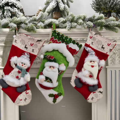 21-IN RED CHRISTMAS 3D STOCKING WITH SANTA SNOWMAN IN SWEATER WHITE ROOF HOUSE