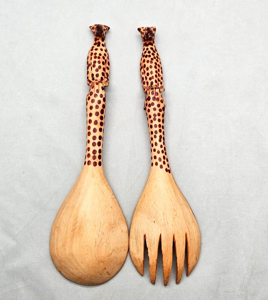 Винтажный ручной резной деревянный леопард гепард салат сервировочный набор вилка ложка Кения - Изображение 2 из 4