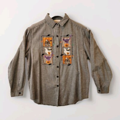 VTG Halloween Plaid Embroidered Button Front Shirt Casey Max Fall Pumpkin Sz L