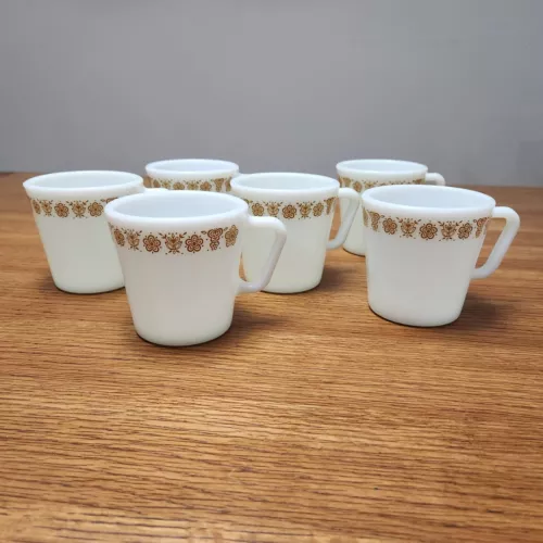 Set of 6 Pyrex Corning Butterfly Gold Coffee Cups Mugs D Handle #1410 Milk Glass