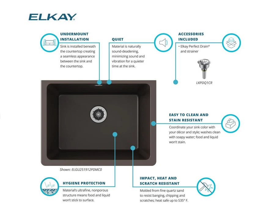 Elkay ELGU251912PDBK0 кварцевая классическая 25-дюймовая подвесная одинарная раковина для раковины белья черная - Изображение 3 из 4