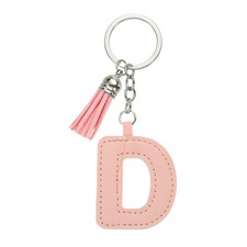 Initial Letter Keychain, Cute Leather Keychains with Tassel Letter D, Pink