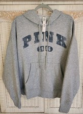 PINK Gray Fleece Pullover Hoodie Women's L htf Hooded Logo Pockets Long Sleeve